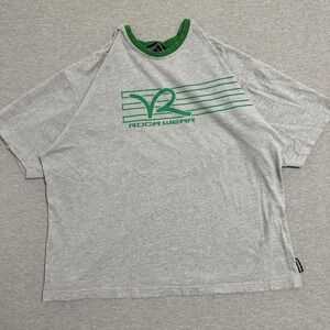 Rocawear Y2K Logo Graphic Ringer Tee Heather Grey Green Men's 2XL Hip Hop
